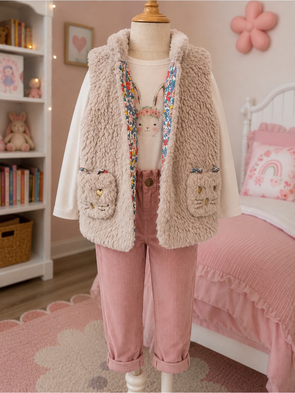 Mini Boden Faux Fur Teddy Vest Animal Pocket Girls Cozy Sherpa Cream